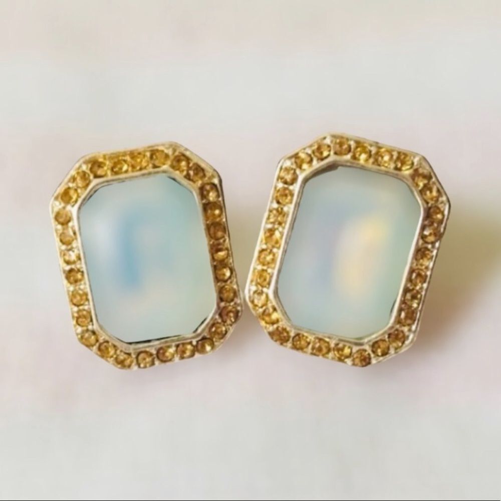 Avon Iridescent Faux Topaz & Rhinestone Embellished Framed Large Post Earrings